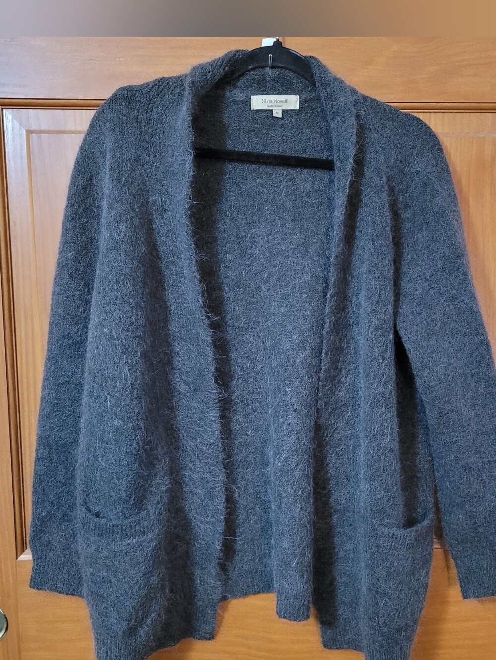 Open Front Knit Cardigan Gray Mohair Blend Womens M Fuzzy Minimalist Old Money